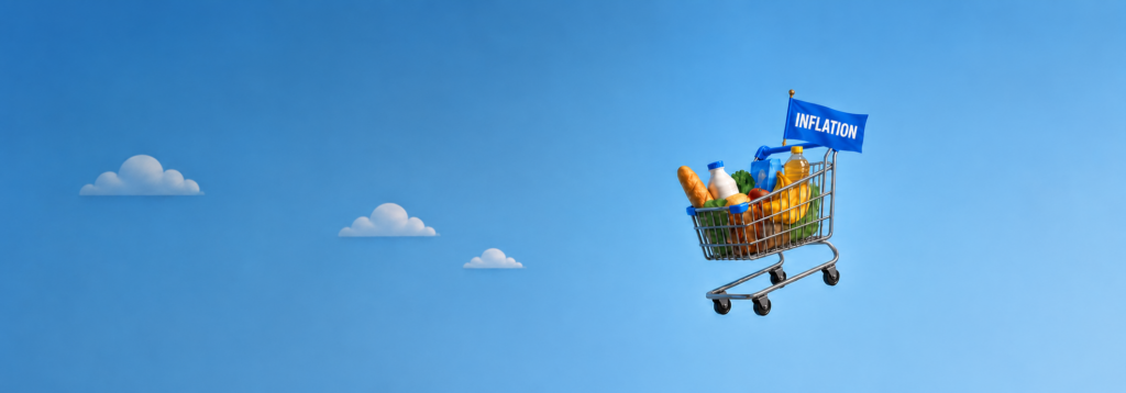Visuel d'un chariot de course alimentaire qui s’envole dans le ciel