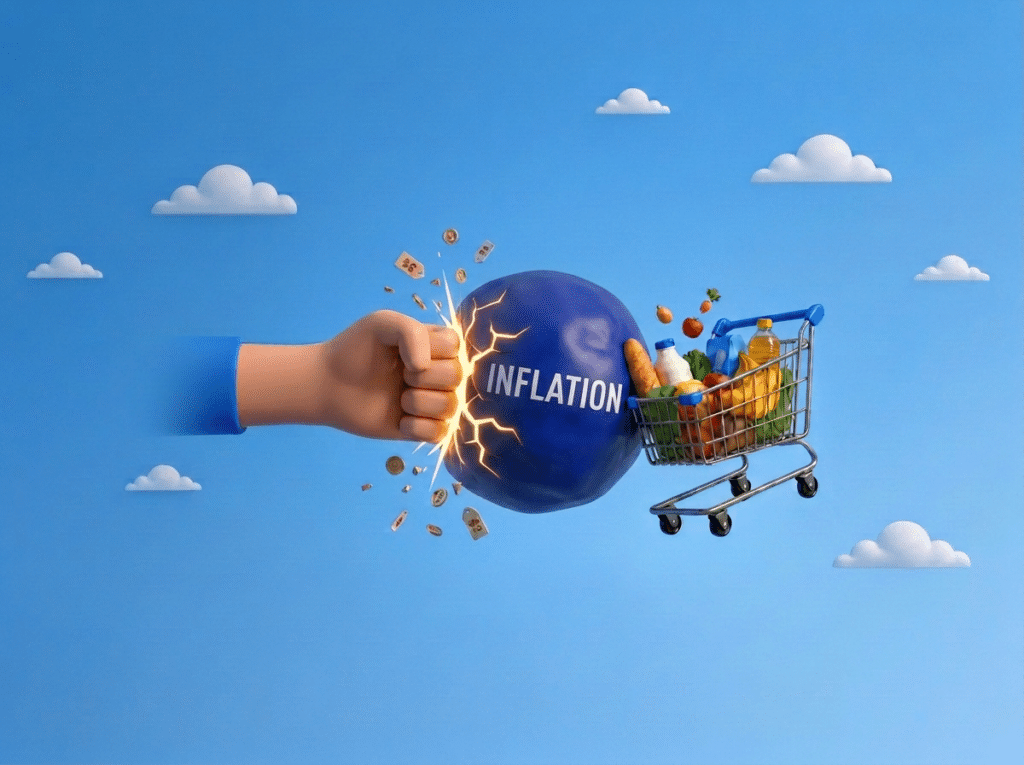 Une main donne un coup de poing à l'inflation afin de libérer le chariot symbolisant le pouvoir d'achat .