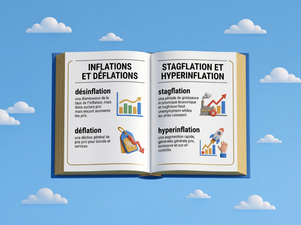 Image d'un dictionnaire ouvert avec écrit inflation, déflation, stagflation, hyperinflation.