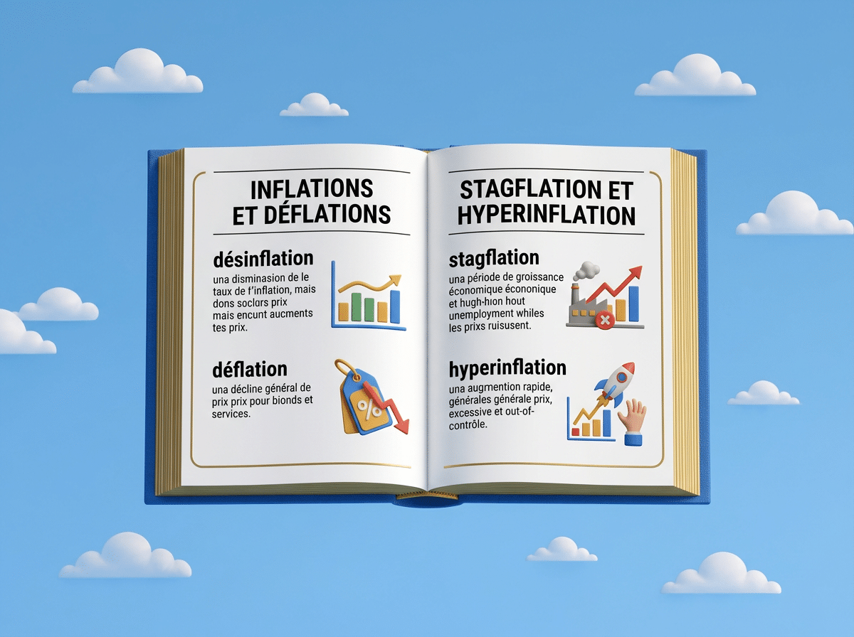 Image d'un dictionnaire ouvert avec écrit inflation, déflation, stagflation, hyperinflation.