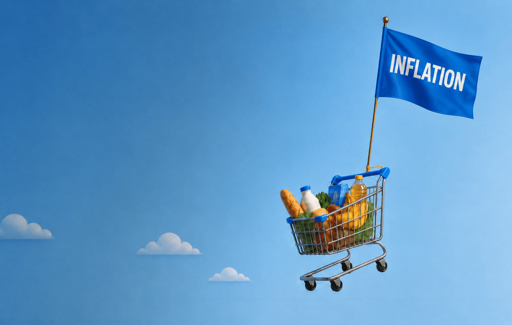 Visuel d'un charriot de supermarché qui vol dans le ciel